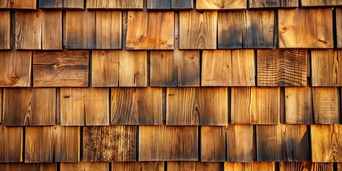 Aufkleber - A rustic wooden wall featuring a pattern of overlapping weathered planks with a rich brown hue, showcasing the natural beauty of aged wood.