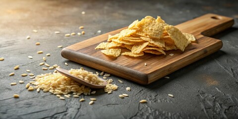 Poster - A close-up view of a wooden cutting board with a pile of crispy rice crackers and a scattered array of uncooked rice grains on a gray surface.
