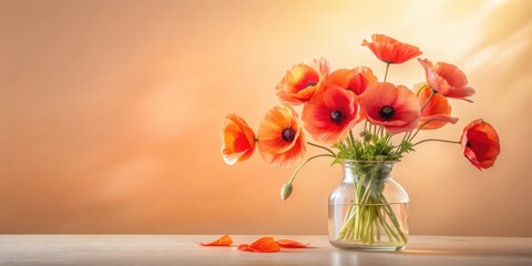 Poster - A delicate bouquet of vibrant orange poppies arranged in a clear glass vase, bathed in warm, natural light, creating a serene and beautiful scene.