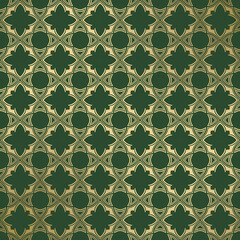 Poster - Abstract geometric seamless pattern. Elegant vector texture with curved shapes, grid, lattice, crosses, floral silhouettes, squares, diamonds. Green and gold colored background. Vintage ornament