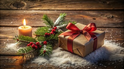 Poster - A Rustic Christmas Scene with a Gift Wrapped in Brown Paper and a Red Bow, a Lit Candle, and Snow Falling on a Wooden Surface