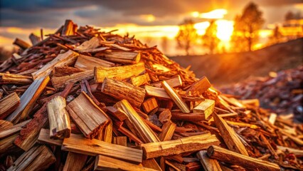 Poster - A Close-Up of a Heap of Kindling Wood Bathed in the Warm Glow of the Setting Sun