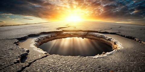 Aufkleber - A Large Crack in the Road Reveals a Sunset Through a Hole in the Asphalt