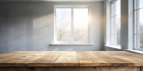 Poster - Empty wooden table surface with blurred window view in a room with sunlight streaming in