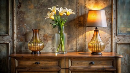 Poster - A still life featuring a vase of white flowers, a lamp with a white shade, and two decorative vases on a wooden table with drawers.