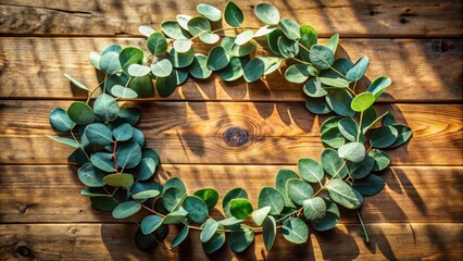 Poster - A circular arrangement of green leaves on a rustic wooden surface, bathed in warm sunlight, creating a natural and inviting frame.