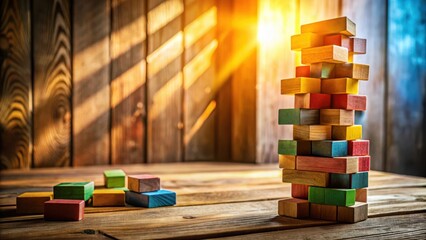 Poster - Colorful Wooden Blocks Stacked High on a Rustic Table with Sunbeams Streaming Through a Window