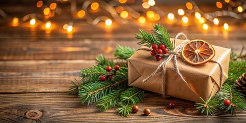 Poster - Rustic Christmas Gift Wrapped in Brown Paper with Dried Orange Slice and Evergreen Sprigs on a Wooden Table Decorated with Festive Lights