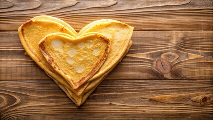 Poster - A heart shape formed by three golden brown thin crepes placed on a rustic wooden surface