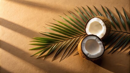 Aufkleber - A pair of coconuts cut in half, revealing their white flesh, lay on a brown surface, surrounded by a palm leaf, creating a tropical and natural scene.