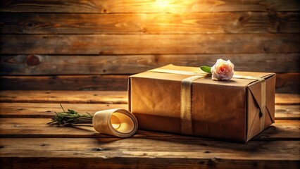 Poster - A Rustic Gift Box Adorned with a Delicate Rose and Wrapped in Golden Ribbon, Resting on a Weathered Wooden Surface