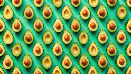 Poster - A repeating pattern of avocado halves arranged diagonally on a vibrant green background, showcasing the creamy texture and vibrant colors of fresh fruit.