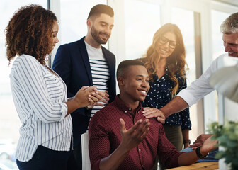 Poster - Business people, web design or group with celebration, achievement or cheering in modern office. Employees, online reading or creative agents in workplace, smile or success with support or promotion