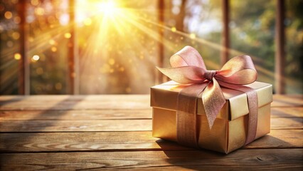 Aufkleber - A golden gift box with a pink ribbon sits on a wooden surface, bathed in the warm glow of the setting sun.