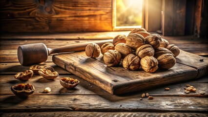 Poster - A rustic wooden table with a pile of walnuts on a chopping board, a mallet for cracking nuts, and some cracked walnuts scattered around.