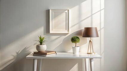 Poster - A Minimalist Interior Design with a Table Lamp, Plants, and a Blank Frame on a White Wall