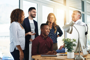 Poster - Business people, web design and funny with group, teamwork or laughing in office. Employees, online reading or creative agents in workplace, smile or humor with happiness, joke and cheerful with joy