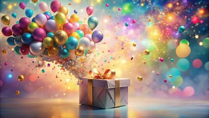 Poster - A Magical Burst of Colorful Balloons Exploding from a Wrapped Gift Box on a Sparkly Background