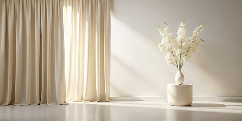 Poster - A Minimalist Interior Design with a Vase of White Flowers and Sunlight Streaming Through Sheer Curtains