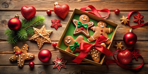 Poster - A Festive Gift Box Overflowing with Delicious Gingerbread Cookies, Decorated with Red and Green Accents and Surrounded by Christmas Ornaments on a Rustic Wooden Background