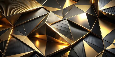 Wall Mural - Abstract Geometric Pattern of Interlocking Black and Gold Triangles with Metallic Sheen and Subtle Textures