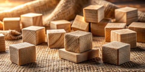 Poster - A close up of natural wooden blocks stacked on a rough burlap surface, bathed in warm, natural light, showcasing the raw beauty of simple wooden structures.