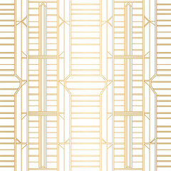 Poster - Golden lines pattern. Vector geometric seamless texture with delicate grid, thin lines, hexagons, triangles. Abstract white and gold graphic background. Art deco style ornament. Subtle repeat design