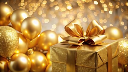 Poster - A sparkling gold gift box with a satin bow amidst a collection of shimmering ornaments, capturing the essence of festivity and celebration.