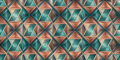 Poster - Intricate Geometric Pattern Featuring Interlocking Triangles and Squares in Shades of Teal and Orange