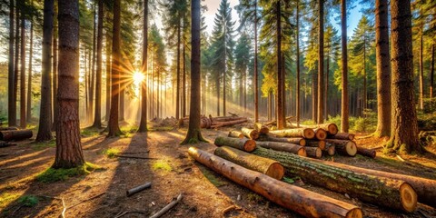 Aufkleber - Sunbeams filtering through a dense forest, illuminating a pile of freshly cut logs, casting long shadows on the forest floor