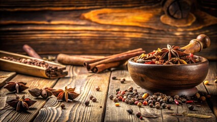 Poster - A Rustic Wooden Bowl Filled with Aromatic Spices, Scattered with Star Anise and Peppercorns on a Weathered Wooden Surface