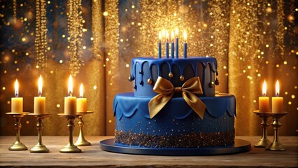 Poster - A Two-Tiered Blue Birthday Cake Adorned with a Golden Bow and Candles, Set Against a Shimmering Gold and Blue Background