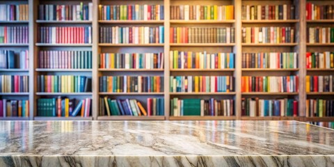 Aufkleber - A Marble Tabletop With A Blurred Background Of A Bookshelf Filled With Volumes Of Literature