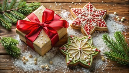 Poster - A Christmas gift wrapped in red ribbon and adorned with white dots sits on a wooden table surrounded by festive gingerbread cookies and powdered sugar.