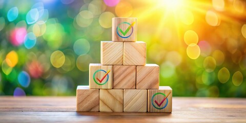 Fototapete - A pyramid of wooden blocks with check marks on each block, showcasing achievement and progress against a vibrant bokeh background.