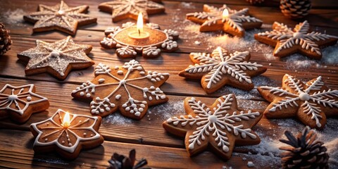 Canvas Print - Warm Glow of Candlelight Illuminates Delicate Snowflake Gingerbread Cookies on Rustic Wooden Surface