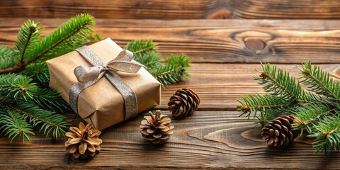 Poster - A rustic Christmas present wrapped in brown paper with a silver ribbon and pine cones on a wooden background.