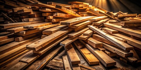 Aufkleber - A random assortment of wooden planks are stacked in a haphazard fashion, revealing a beautiful golden glow that seems to emanate from within the wood itself.