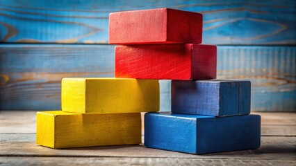 Poster - A stack of colorful wooden blocks arranged in a pyramid shape, resting on a wooden surface with a blue wooden background.