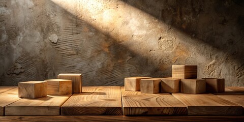 Poster - Rustic Wooden Blocks Displayed on a Weathered Tabletop with a Beam of Light Shining From Above