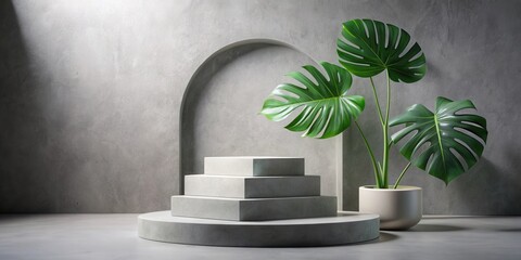 Poster - A minimalist display featuring a stepped podium and a potted plant with large green leaves against a textured grey wall with an archway