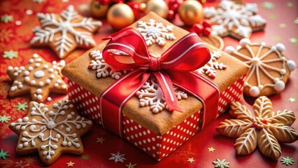 Poster - Gingerbread Gift Box Adorned with Festive Ribbon and Delicate Snowflakes, a Sweet Christmas Treat