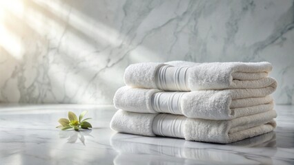 Aufkleber - Freshly laundered towels stacked on a marble surface with soft sunlight streaming through the window