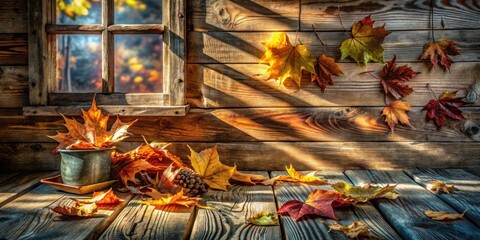 Poster - Autumn leaves scattered on a weathered wooden surface, basking in the warm glow of sunlight streaming through a window