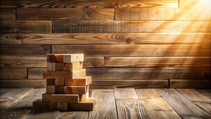 Aufkleber - A Stack of Wooden Blocks in Front of a Rustic Wooden Wall with Sunlight Streaming In