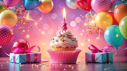 Poster - A Birthday Celebration with a Single Candle Lit Cupcake, Colorful Balloons, and Wrapped Gifts