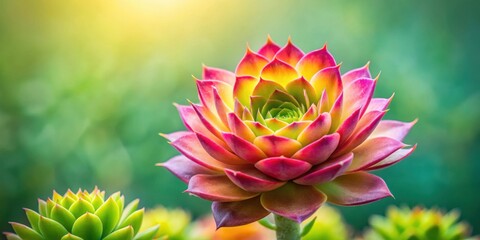 Poster - A vibrant succulent with colorful petals, a burst of nature's beauty in a soft green landscape