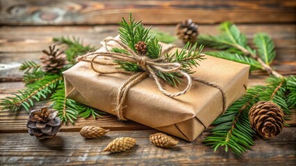 Poster - A Rustic Christmas Gift Wrapped in Brown Paper with Pine Branches and Pinecones on a Wooden Surface