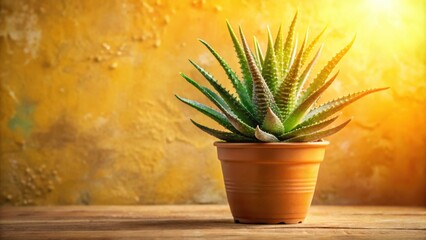 Poster - A potted succulent plant with green leaves against a warm yellow background with wooden surface