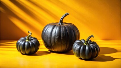 Poster - Three Black Pumpkins Resting On A Yellow Surface Under The Warm Rays Of The Sun